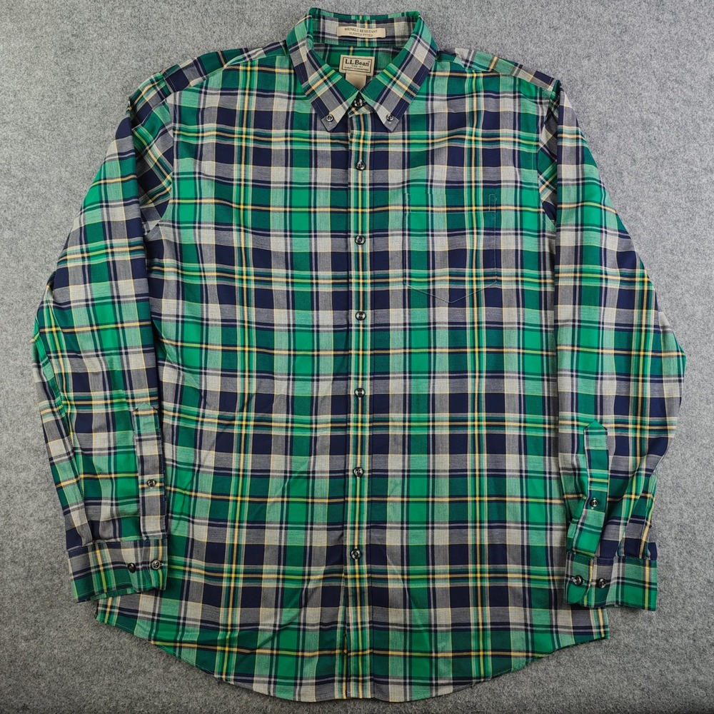 LL Bean Wrinkle Resistant Slightly Fitted Plaid Shirt Mens Large Green Button Up